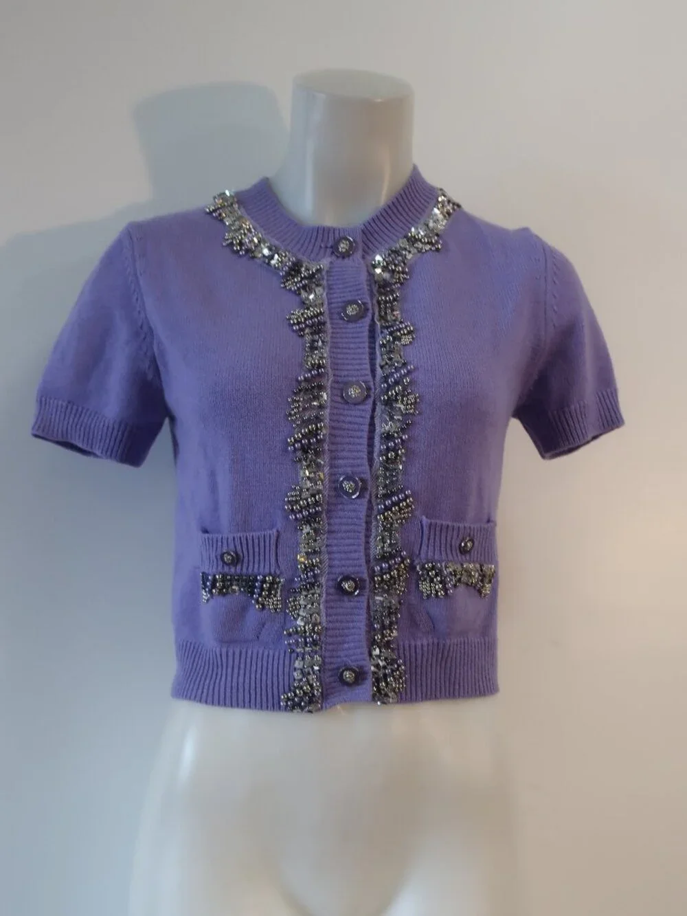 Authentic Chanel Purple Beaded (Item-143) Crop Wool Cardigan Sweater 40 US/6-8